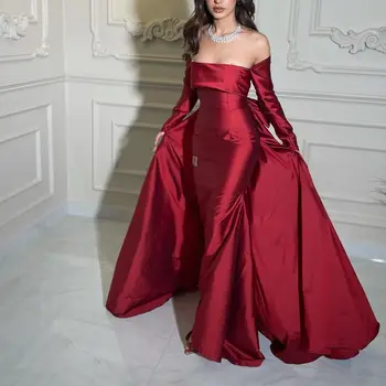 Mimo Ramenný Červená Taft Prom Šaty, Dlhé Rukávy Morská Víla Luk Formálnej Strany Šaty Vestidos De Fiesta Elegantes Para Mujer