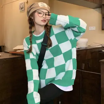 Lenivý vietor šachovnica, farba o krku sveter pulóver žena 2023 kórejská verzia dizajn sveter žena jeseň a v zime sveter