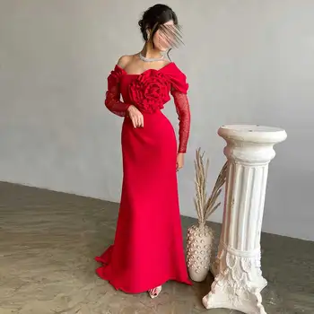3D Elegantná Kvetina Večerné Šaty Off Ramenný Transparentné Ilúzie Dlho Puzdre Plášť Backless Sexy arabčina Žien Prom Šaty